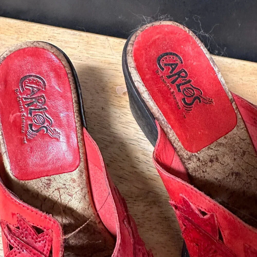 Carlos Red Cowboy Boots Size 6 Tanned Tooled Mule Clogs - Picture 7 of 9